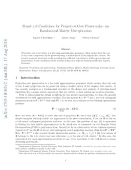 Structural Conditions for Projection-Cost Preservation via Randomized
  Matrix Multiplication
