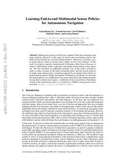 Learning End-to-end Multimodal Sensor Policies for Autonomous Navigation