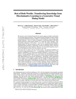 Best of Both Worlds: Transferring Knowledge from Discriminative Learning
  to a Generative Visual Dialog Model