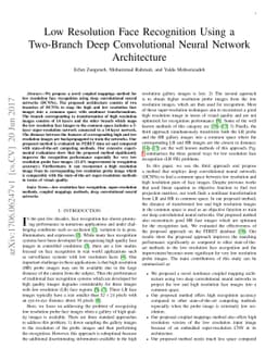 Low Resolution Face Recognition Using a Two-Branch Deep Convolutional
  Neural Network Architecture