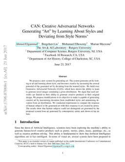 CAN: Creative Adversarial Networks, Generating "Art" by Learning About
  Styles and Deviating from Style Norms