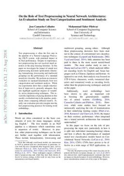 On the Role of Text Preprocessing in Neural Network Architectures: An
  Evaluation Study on Text Categorization and Sentiment Analysis