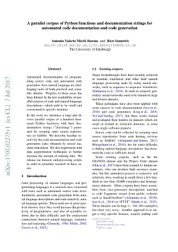 A parallel corpus of Python functions and documentation strings for
  automated code documentation and code generation
