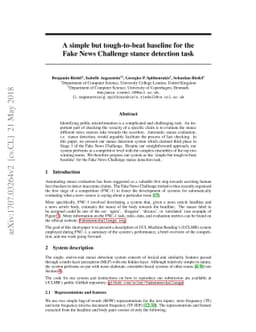 A simple but tough-to-beat baseline for the Fake News Challenge stance
  detection task
