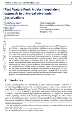 Fast Feature Fool: A data independent approach to universal adversarial
  perturbations