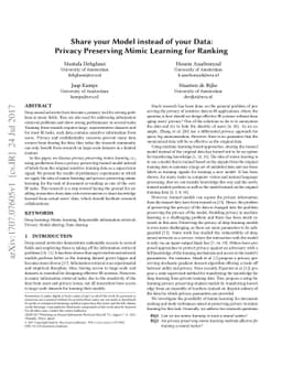 Share your Model instead of your Data: Privacy Preserving Mimic Learning
  for Ranking