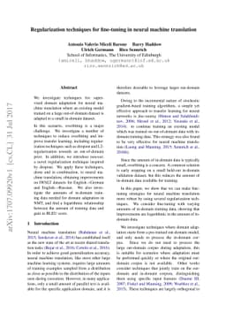 Regularization techniques for fine-tuning in neural machine translation