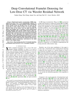 Deep Convolutional Framelet Denosing for Low-Dose CT via Wavelet
  Residual Network