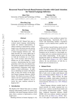 Recurrent Neural Network-Based Sentence Encoder with Gated Attention for
  Natural Language Inference