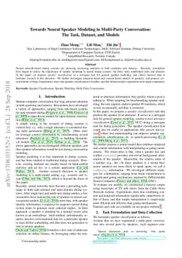 Towards Neural Speaker Modeling in Multi-Party Conversation: The Task,
  Dataset, and Models