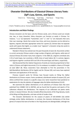 Character Distributions of Classical Chinese Literary Texts: Zipf's Law,
  Genres, and Epochs