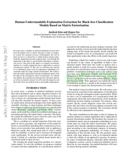 Human Understandable Explanation Extraction for Black-box Classification
  Models Based on Matrix Factorization