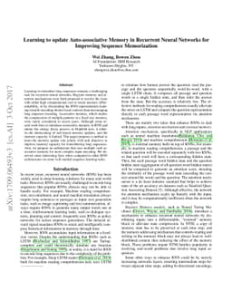 Learning to update Auto-associative Memory in Recurrent Neural Networks
  for Improving Sequence Memorization