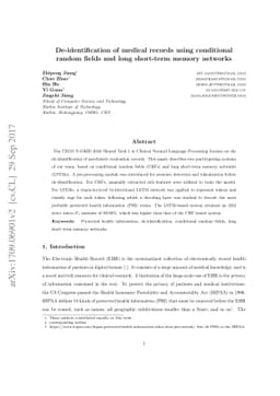 De-identification of medical records using conditional random fields and
  long short-term memory networks