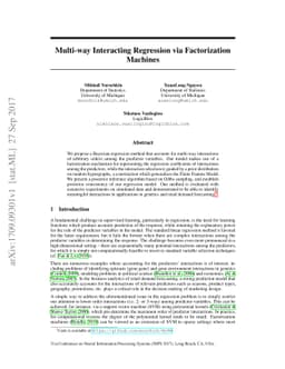 Multi-way Interacting Regression via Factorization Machines