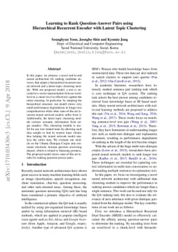 Learning to Rank Question-Answer Pairs using Hierarchical Recurrent
  Encoder with Latent Topic Clustering