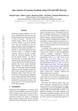 Auto Analysis of Customer Feedback using CNN and GRU Network