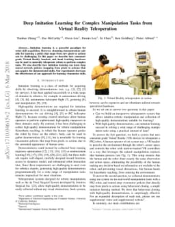 Deep Imitation Learning for Complex Manipulation Tasks from Virtual
  Reality Teleoperation