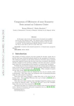Comparison of Efficiencies of Symmetry Tests around Unknown Center