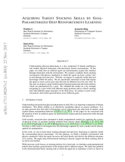 Acquiring Target Stacking Skills by Goal-Parameterized Deep
  Reinforcement Learning