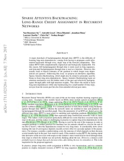 Sparse Attentive Backtracking: Long-Range Credit Assignment in Recurrent
  Networks