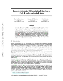 Tangent: Automatic Differentiation Using Source Code Transformation in
  Python