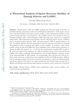 A Theoretical Analysis of Sparse Recovery Stability of Dantzig Selector
  and LASSO