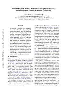 ParaNMT-50M: Pushing the Limits of Paraphrastic Sentence Embeddings with
  Millions of Machine Translations