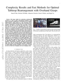 Complexity Results and Fast Methods for Optimal Tabletop Rearrangement
  with Overhand Grasps