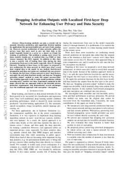 Dropping Activation Outputs with Localized First-layer Deep Network for
  Enhancing User Privacy and Data Security