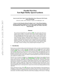 Parallel WaveNet: Fast High-Fidelity Speech Synthesis