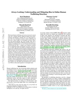 Always Lurking: Understanding and Mitigating Bias in Online Human
  Trafficking Detection