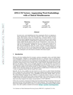AWE-CM Vectors: Augmenting Word Embeddings with a Clinical Metathesaurus