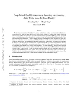 Deep Primal-Dual Reinforcement Learning: Accelerating Actor-Critic using
  Bellman Duality