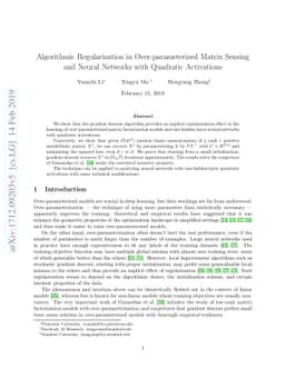 Algorithmic Regularization in Over-parameterized Matrix Sensing and
  Neural Networks with Quadratic Activations