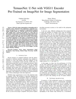 TernausNet: U-Net with VGG11 Encoder Pre-Trained on ImageNet for Image
  Segmentation