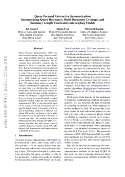Query Focused Abstractive Summarization: Incorporating Query Relevance,
  Multi-Document Coverage, and Summary Length Constraints into seq2seq Models