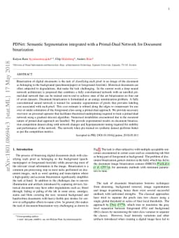 PDNet: Semantic Segmentation integrated with a Primal-Dual Network for
  Document binarization