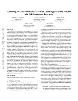 Learning to Evade Static PE Machine Learning Malware Models via
  Reinforcement Learning