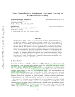From Game-theoretic Multi-agent Log Linear Learning to Reinforcement
  Learning