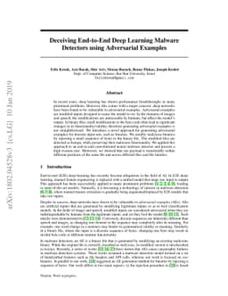 Deceiving End-to-End Deep Learning Malware Detectors using Adversarial
  Examples