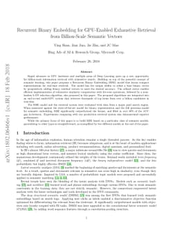 Recurrent Binary Embedding for GPU-Enabled Exhaustive Retrieval from
  Billion-Scale Semantic Vectors