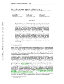 Deep Bayesian Bandits Showdown: An Empirical Comparison of Bayesian Deep
  Networks for Thompson Sampling