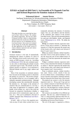 EiTAKA at SemEval-2018 Task 1: An Ensemble of N-Channels ConvNet and
  XGboost Regressors for Emotion Analysis of Tweets