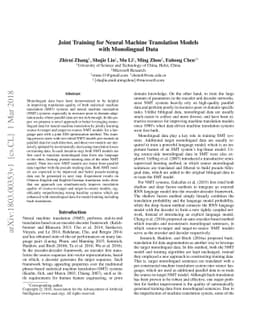 Joint Training for Neural Machine Translation Models with Monolingual
  Data