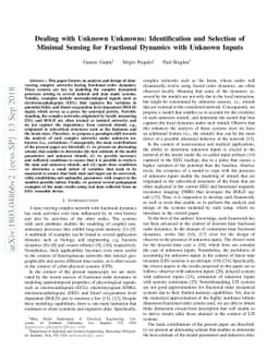 Dealing with Unknown Unknowns: Identification and Selection of Minimal
  Sensing for Fractional Dynamics with Unknown Inputs