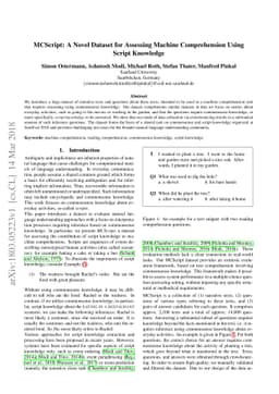 MCScript: A Novel Dataset for Assessing Machine Comprehension Using
  Script Knowledge