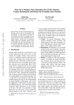 Dear Sir or Madam, May I introduce the GYAFC Dataset: Corpus, Benchmarks
  and Metrics for Formality Style Transfer