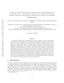 A Robust AUC Maximization Framework with Simultaneous Outlier Detection
  and Feature Selection for Positive-Unlabeled Classification