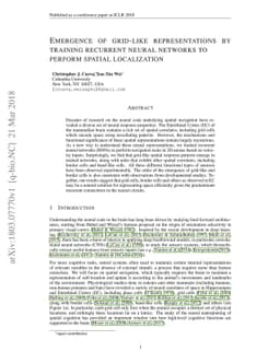 Emergence of grid-like representations by training recurrent neural
  networks to perform spatial localization